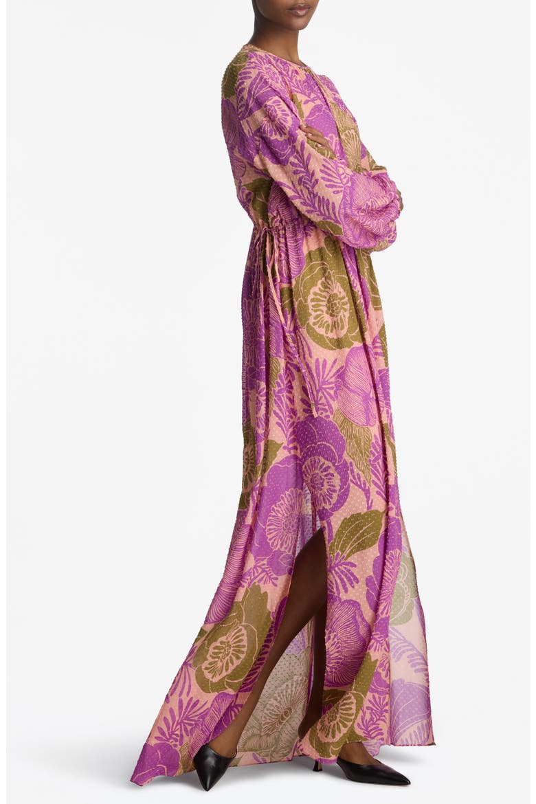 California Poppy Long Sleeve Metallic Fil Coupé Maxi Dress, Alternate, color, BRIGHT CORAL MULTI