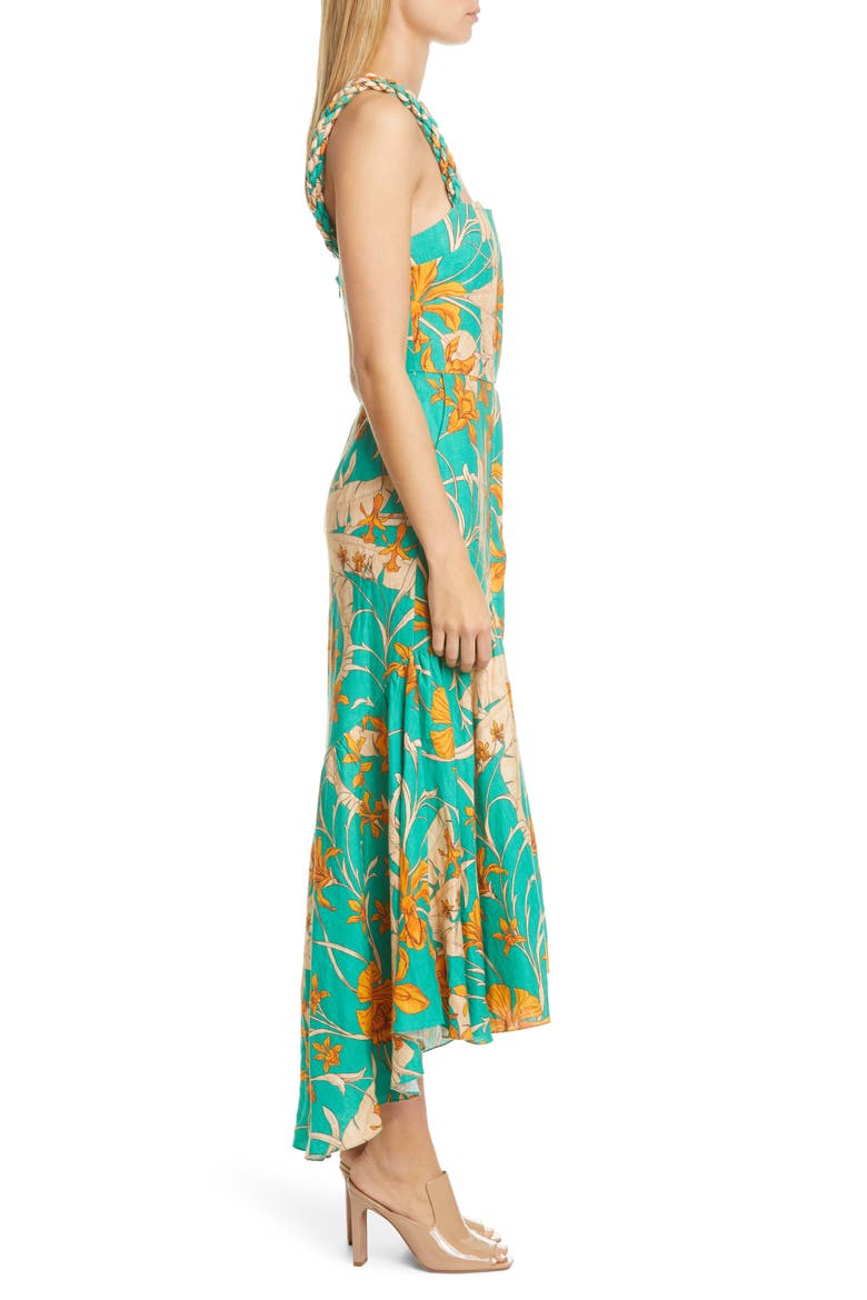 Twist Strap Print Linen Midi Dress, Alternate, color, CARRIBEAN AQUA/ MANGO ORANGE