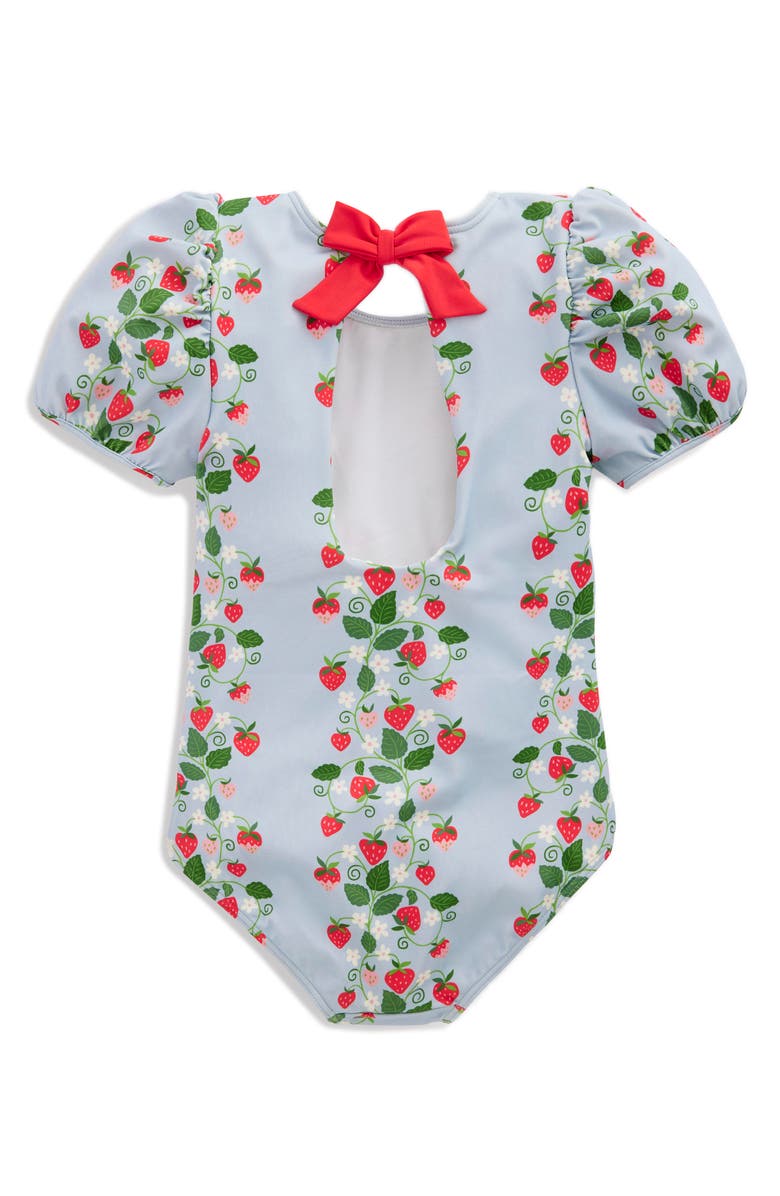 Mini Boden Kids' Puff Sleeve One-Piece Swimsuit, Alternate, color, Misty Blue Strawberry Vine