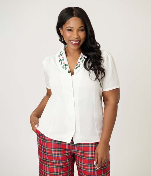 Unique Vintage Plus Size 1940s Short Sleeve Collared Button Down Woven Blouse In White
