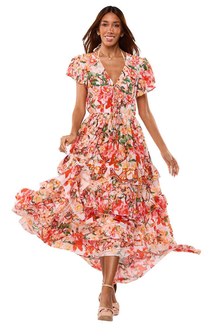 Floral Cap Sleeve Tiered Ruffle Maxi Dress, Alternate, color, ORANGE