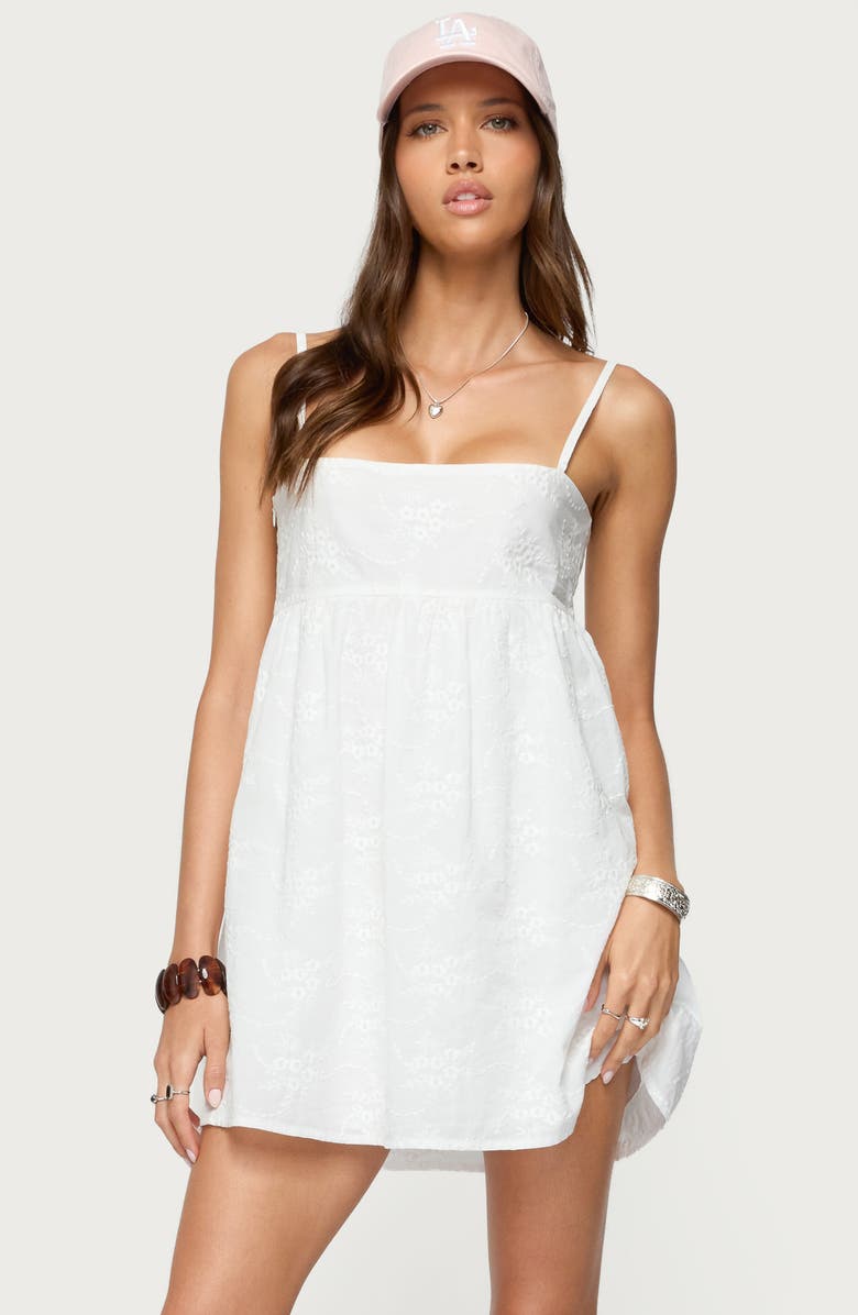 EDIKTED Winifred Floral Embroidered Cotton Babydoll Minidress, Alternate, color, White