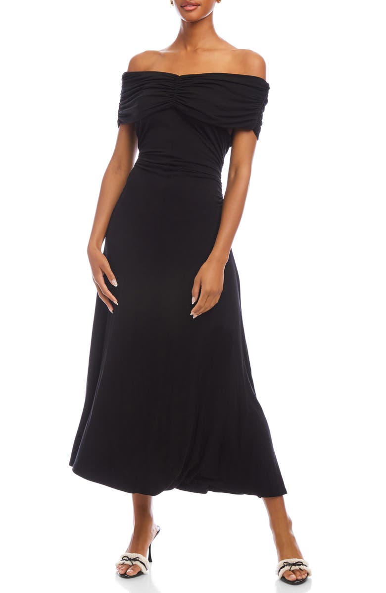 FIFTEEN TWENTY Ella Ruched Off the Shoulder Midi Dress, Main, color, Black