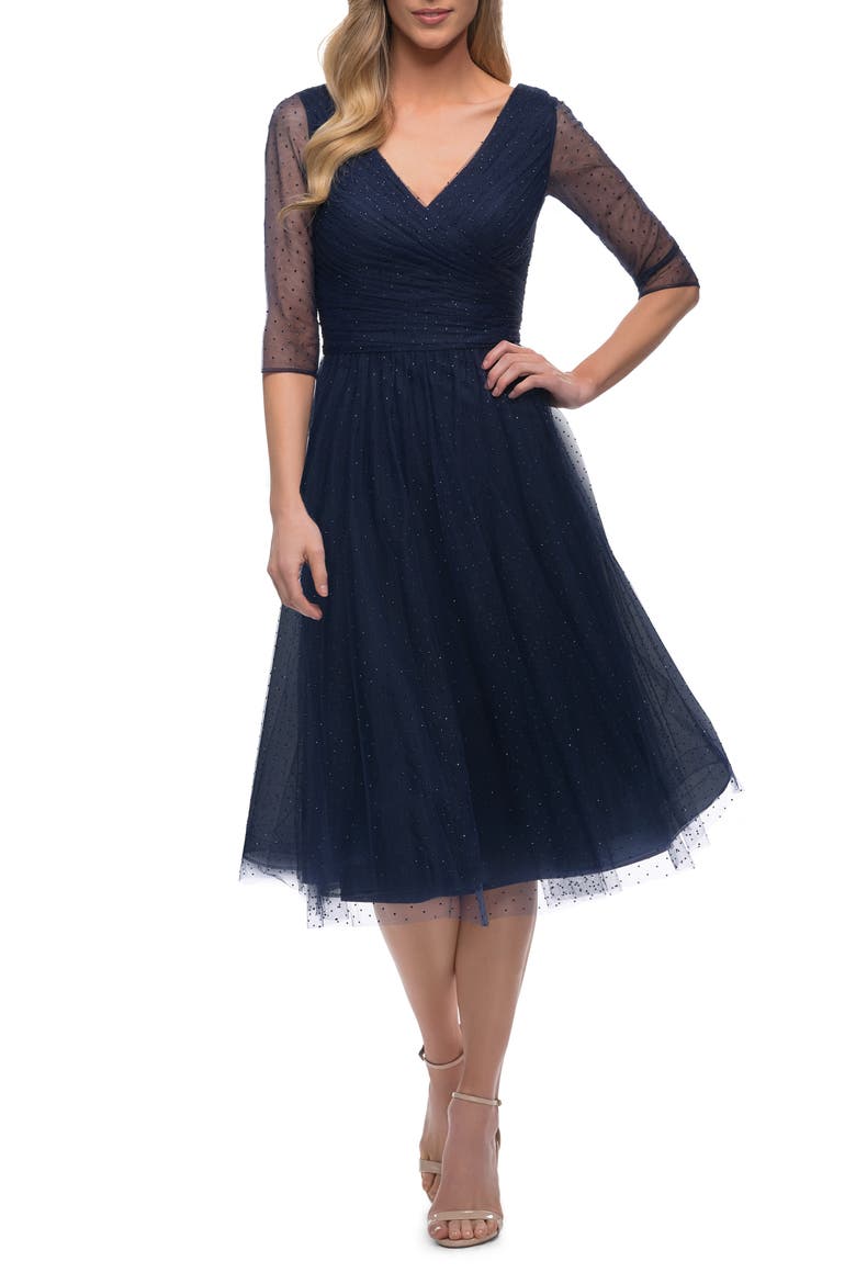 Beaded Tulle Cocktail Dress, Main, color, NAVY