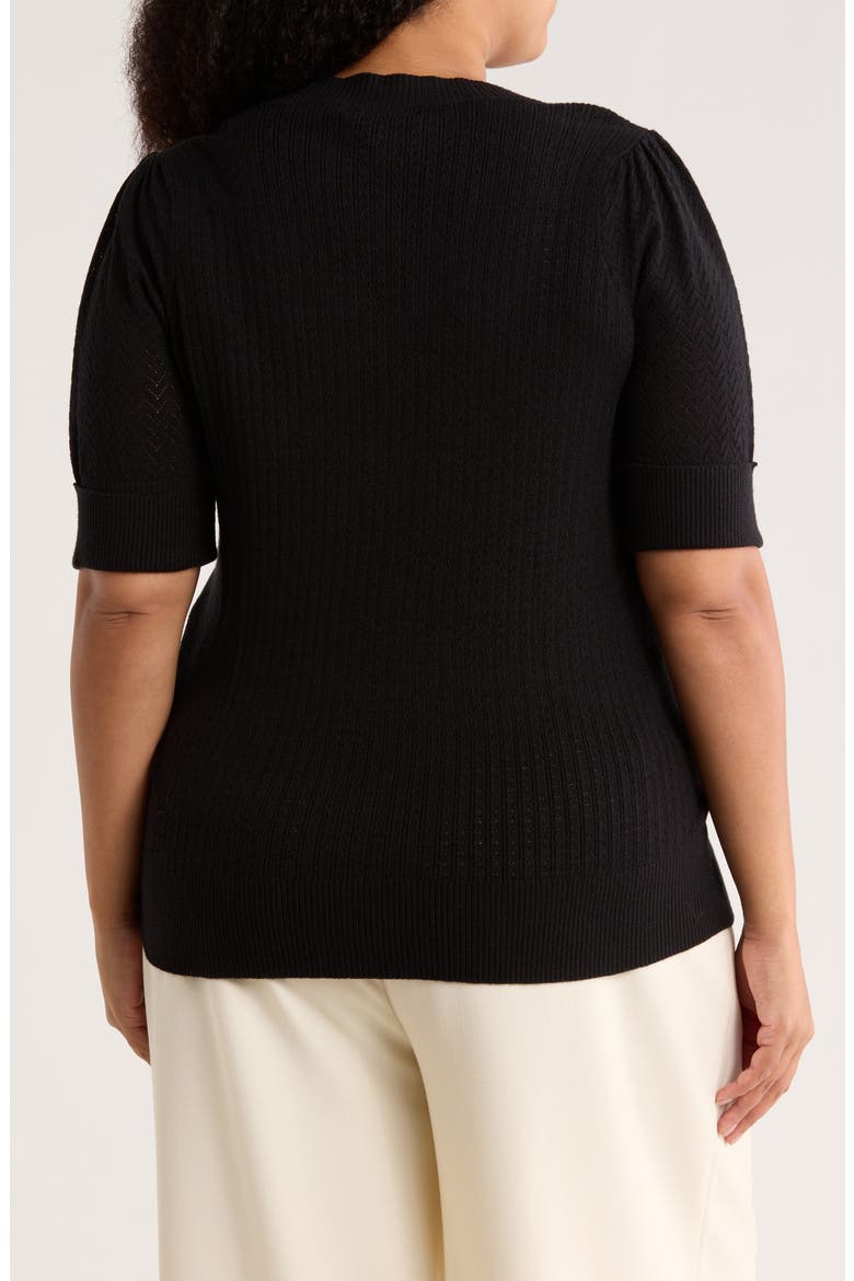 V-Neck Short Sleeve Pointelle Sweater, Alternate, color, P469 BLACK