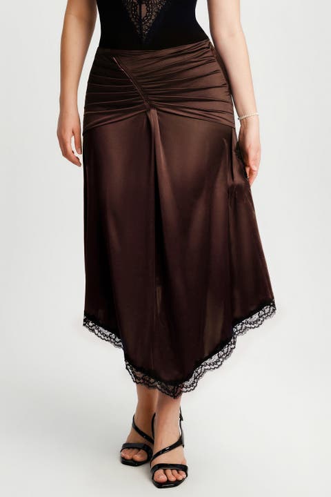 Built In Shapewear Satin Ruched Mermaid Skirt with Lace Trim