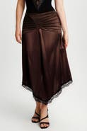 Popilush Built In Shapewear Satin Ruched Mermaid Skirt with Lace Trim