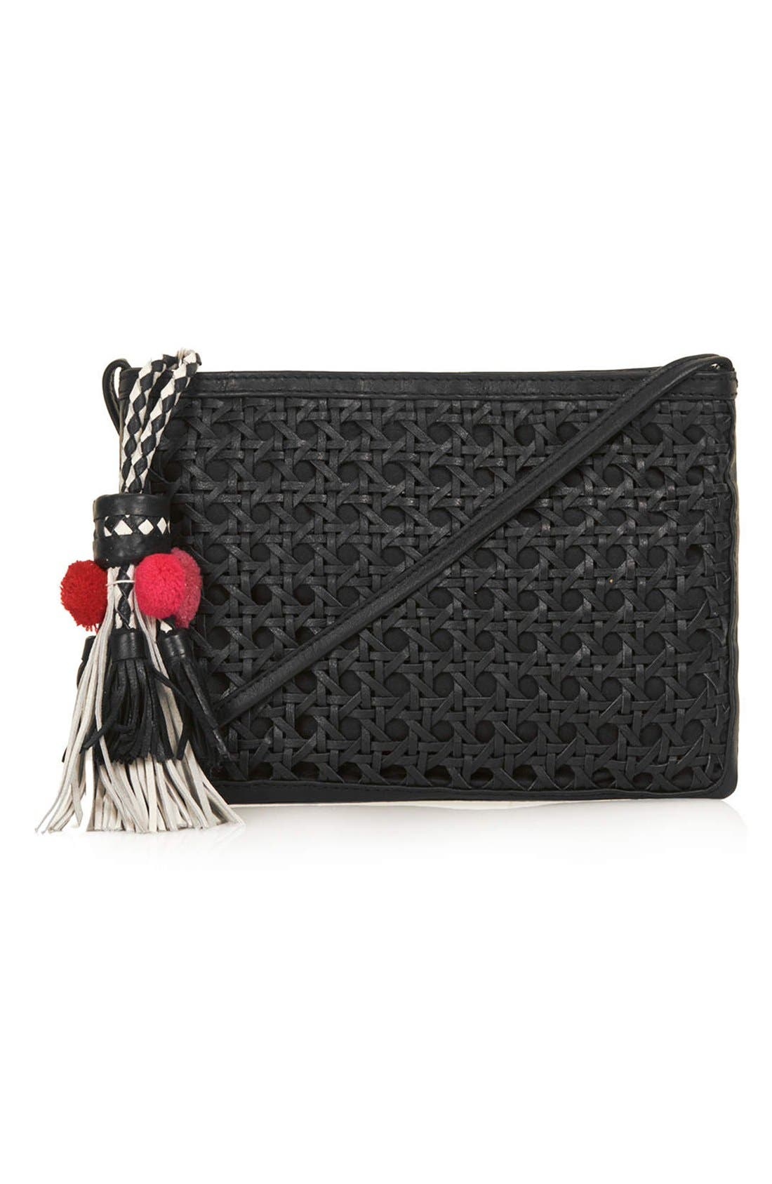 Tassel Textured Leather Clutch, Main, color, BLACK