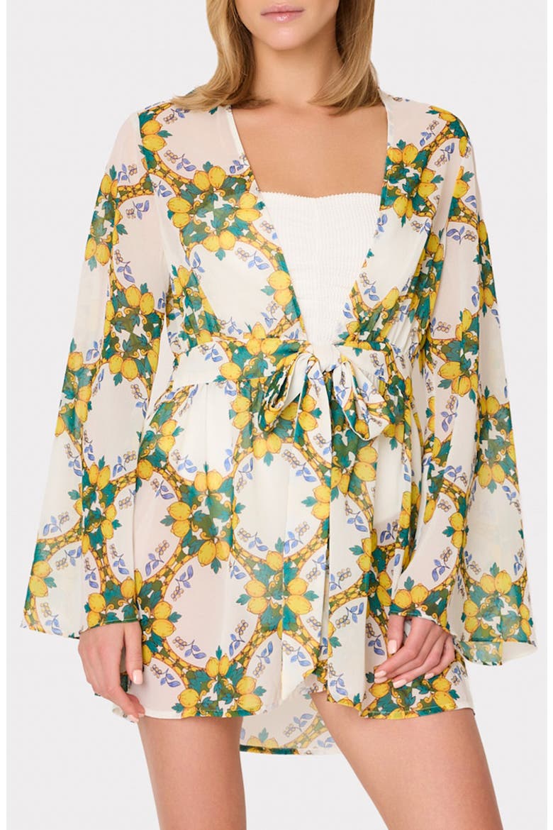 Jessie Lemon Tile Long Sleeve Cover-Up, Main, color, WHITE MULTI