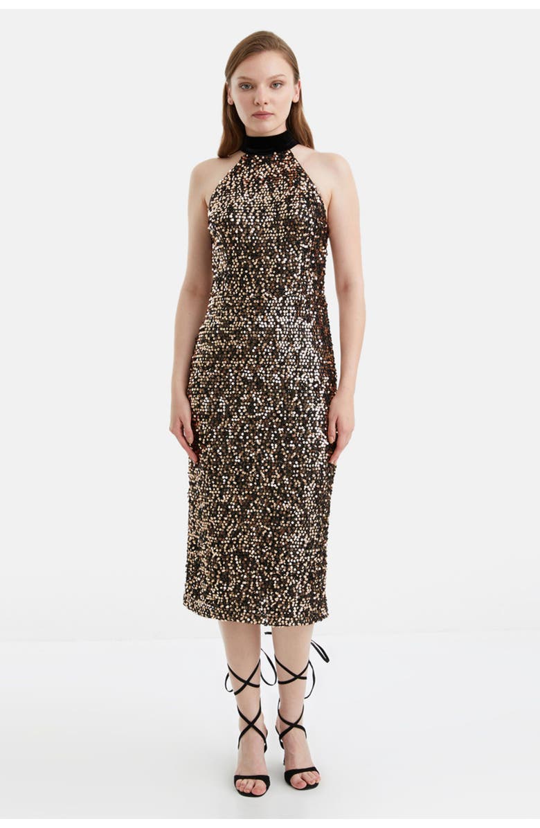 Nocturne Sequined Mock-Neck Midi Dress, Main, color, 
