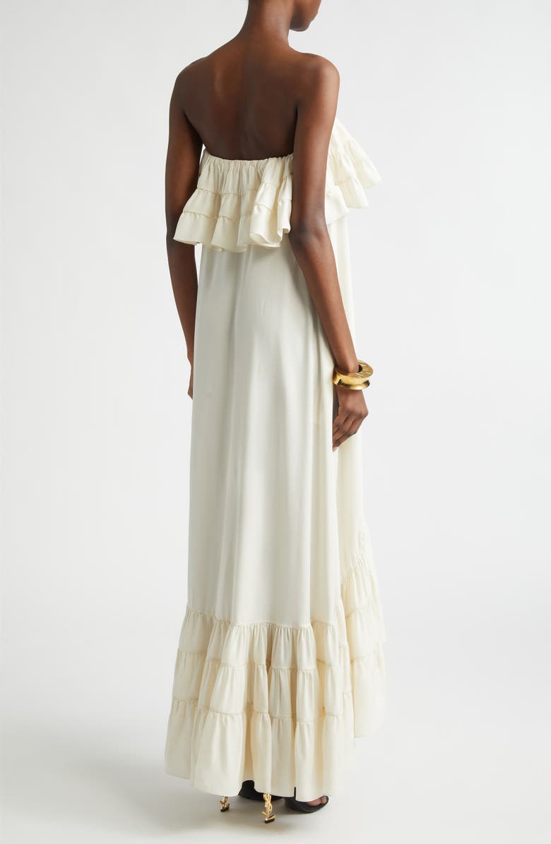 Saint Laurent Ruffled Strapless Silk Dress, Alternate, color, Craie