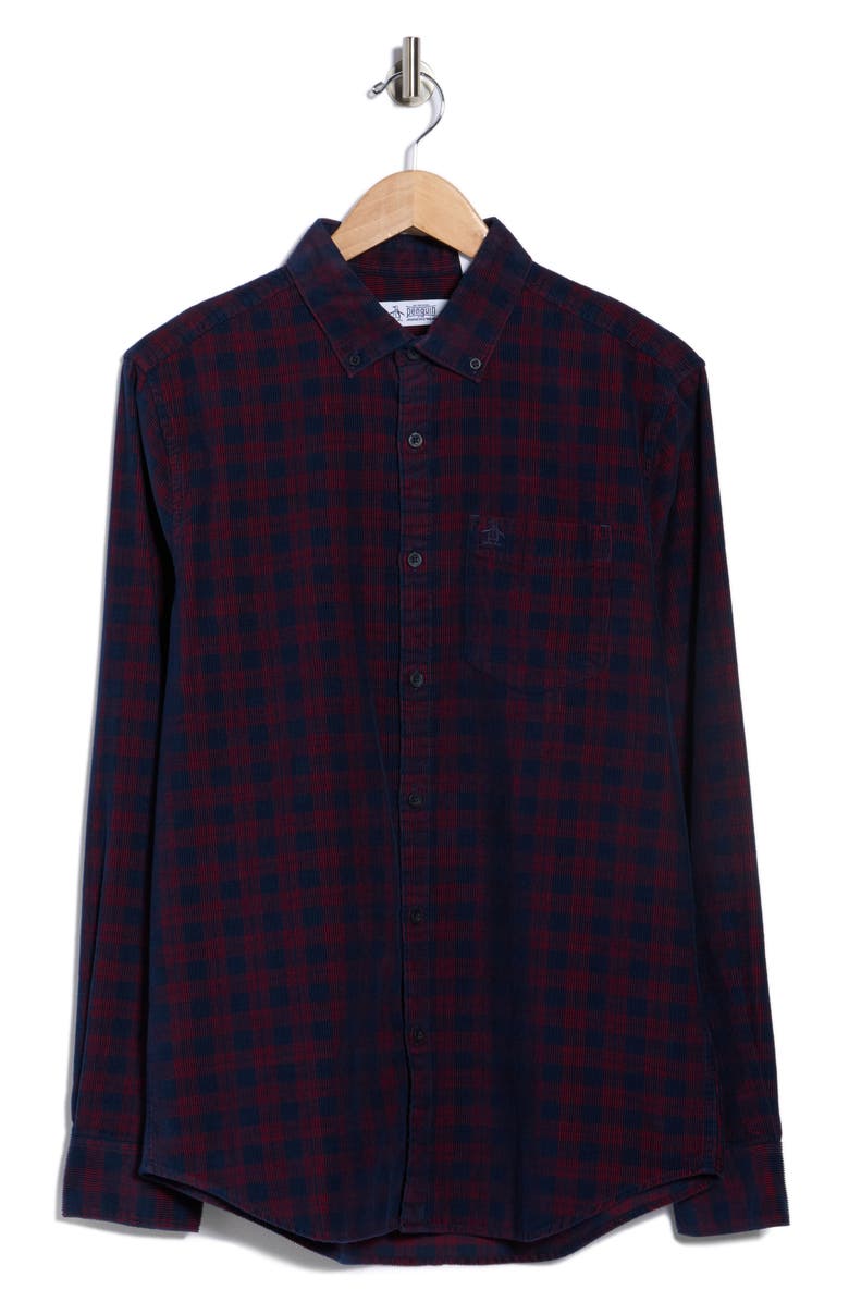 Original Penguin Yarn Dye Plaid Corduroy Button Down Shirt, Alternate, color, Dark Sapphire