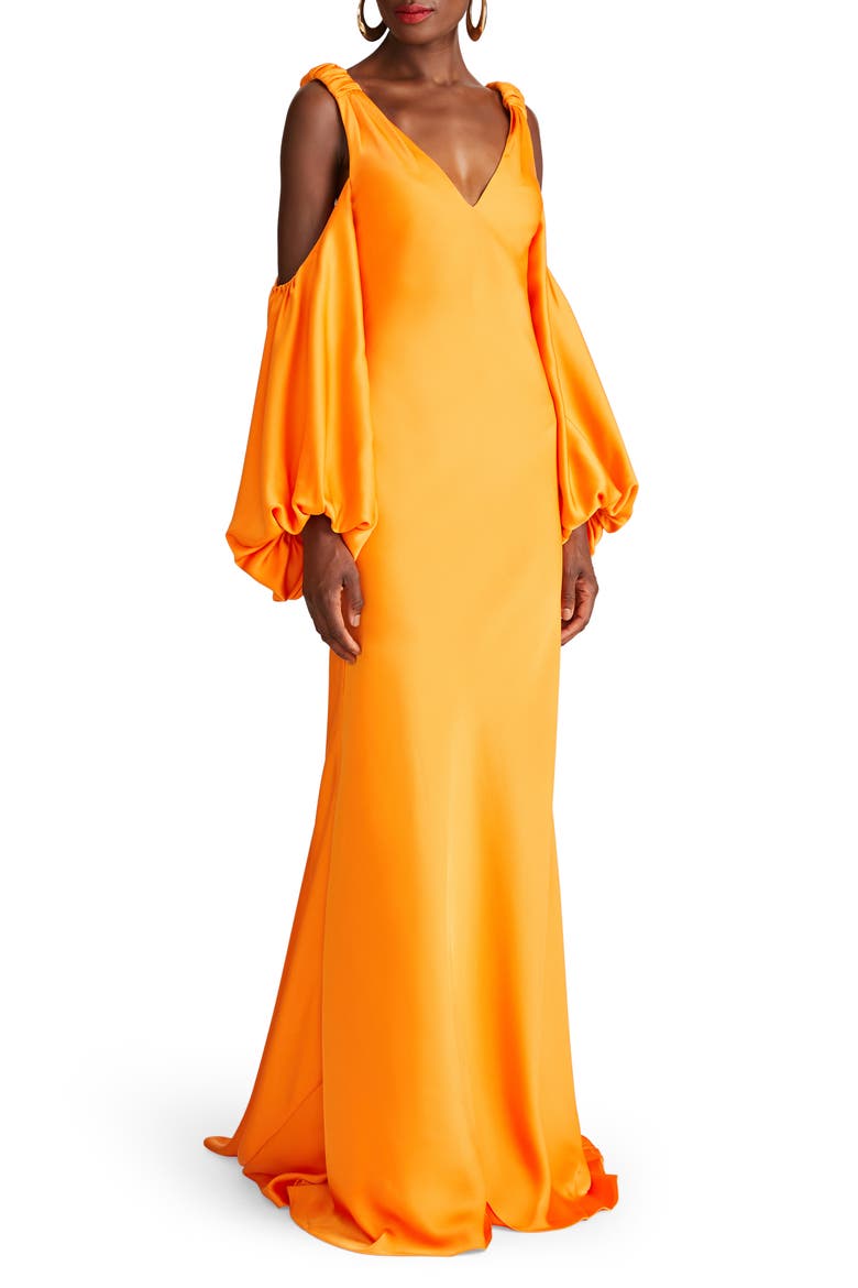 Binnie Cold Shoulder Long Sleeve Satin Gown, Main, color, TANGERINE