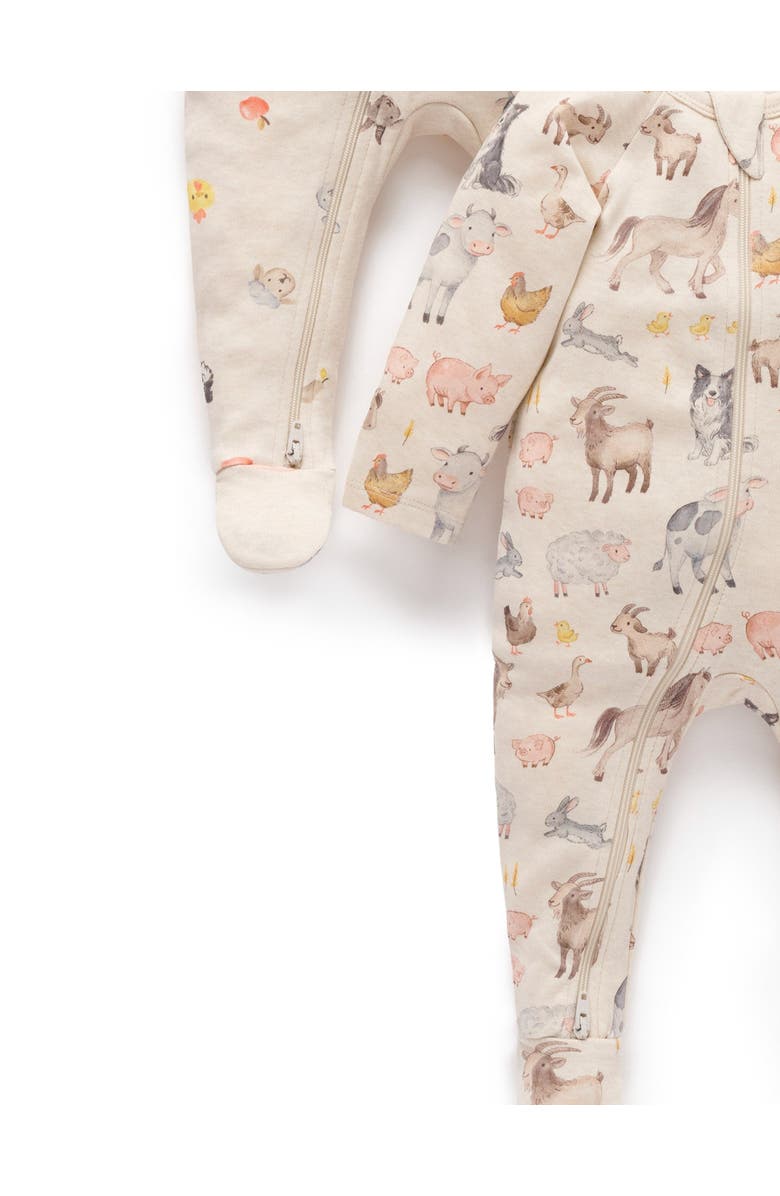 Purebaby 2 Pack Printed Zip Footie, Alternate, color, Farm Animals Print
