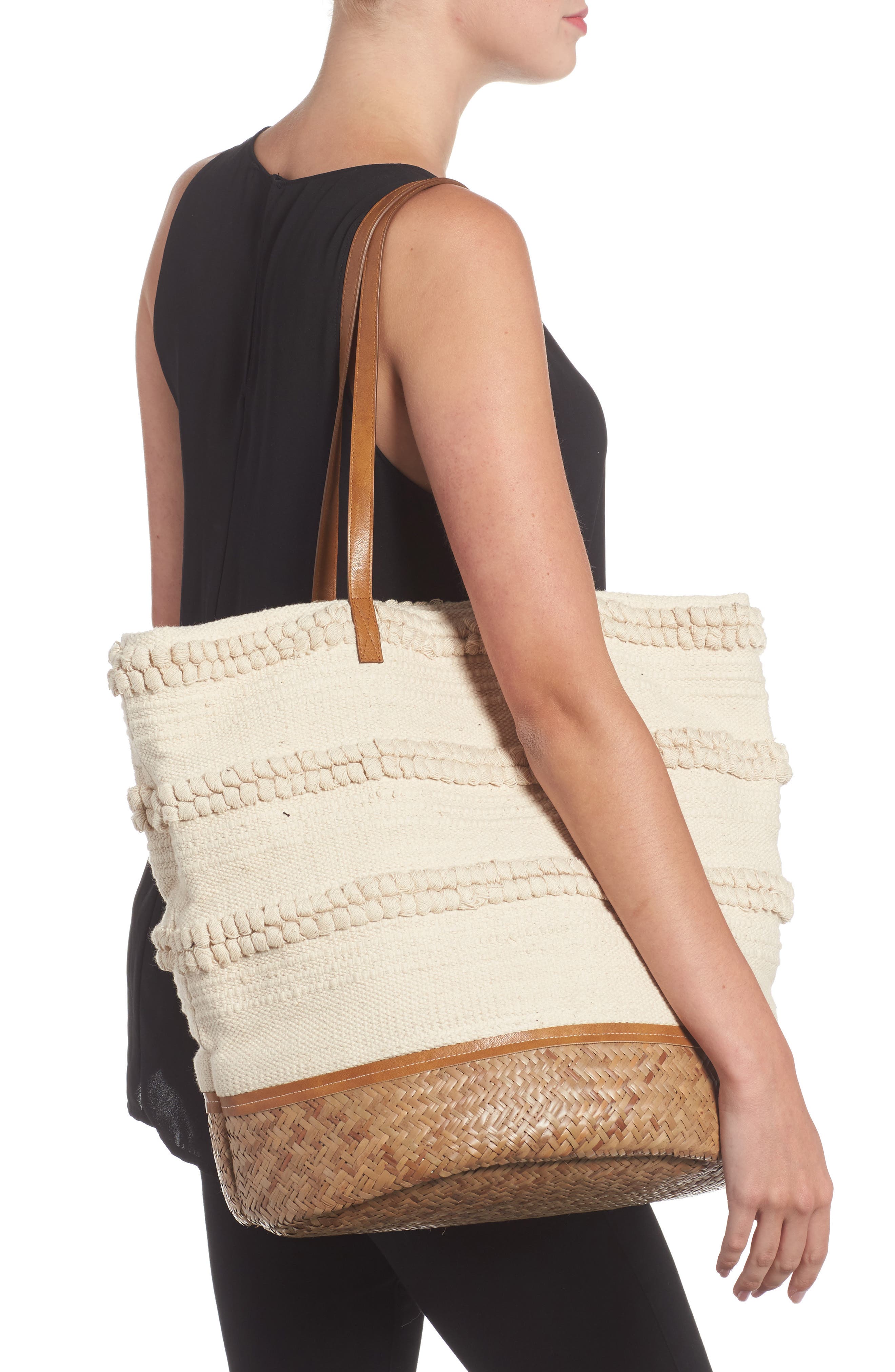 Woven Bottom Tote, Alternate, color, CREAM