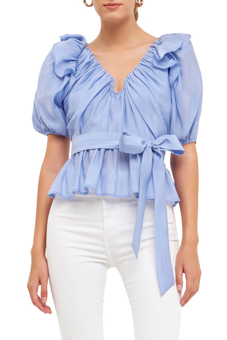 Ruffle Puff Sleeve Top, Main, color, POWDER BLUE