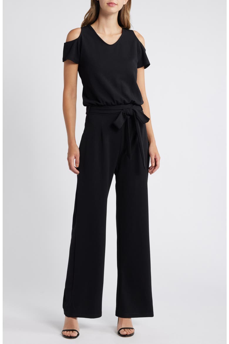 Gianna Belted Cold Shoulder Jumpsuit, Main, color, BLACK