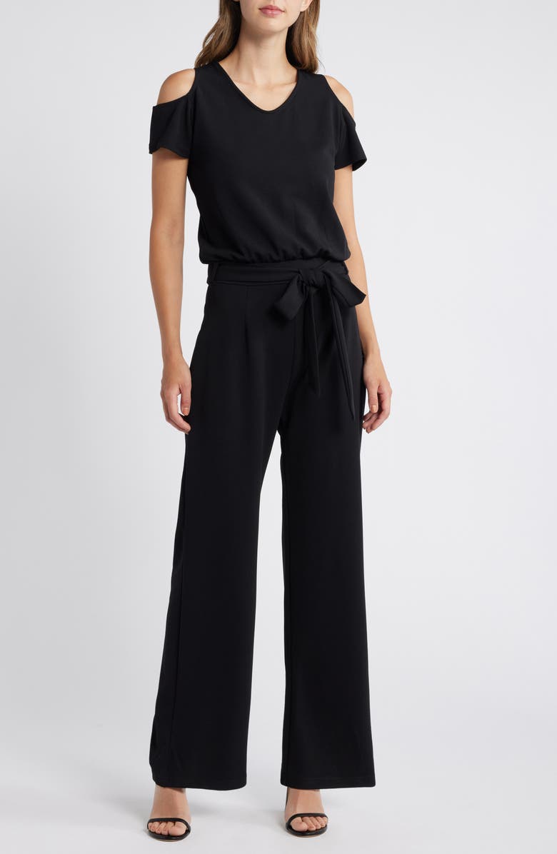 NIKKI LUND Gianna Belted Cold Shoulder Jumpsuit, Main, color, Black