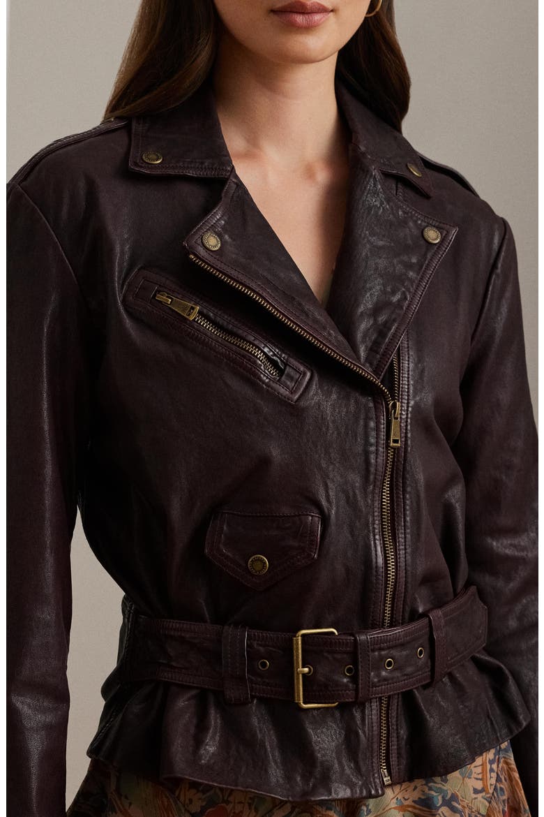 Belted Burnished Leather Jacket, Alternate, color, PINOT NOIR