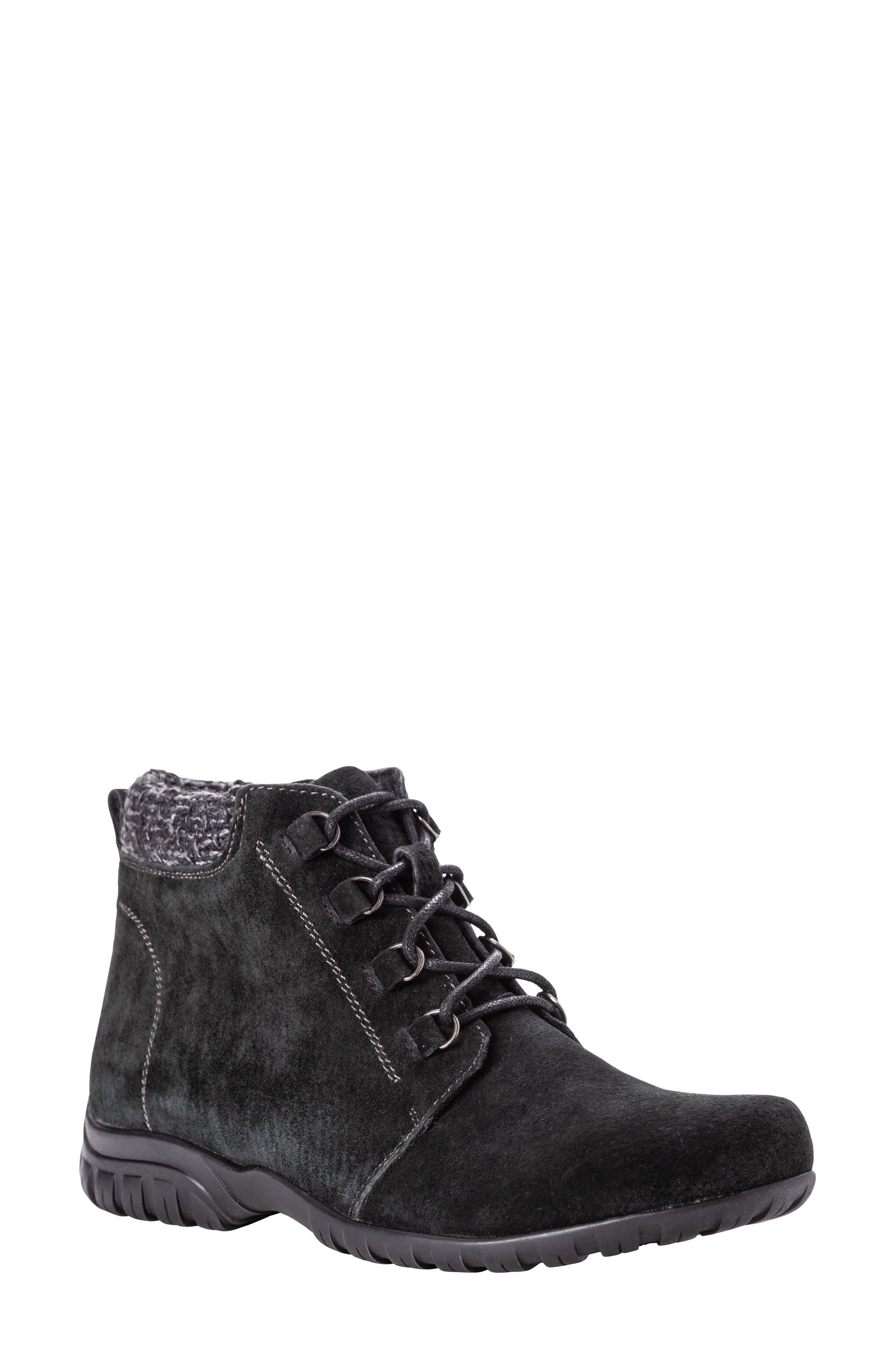 Propét Delaney Water Resistant Bootie, Main, color, Black Suede