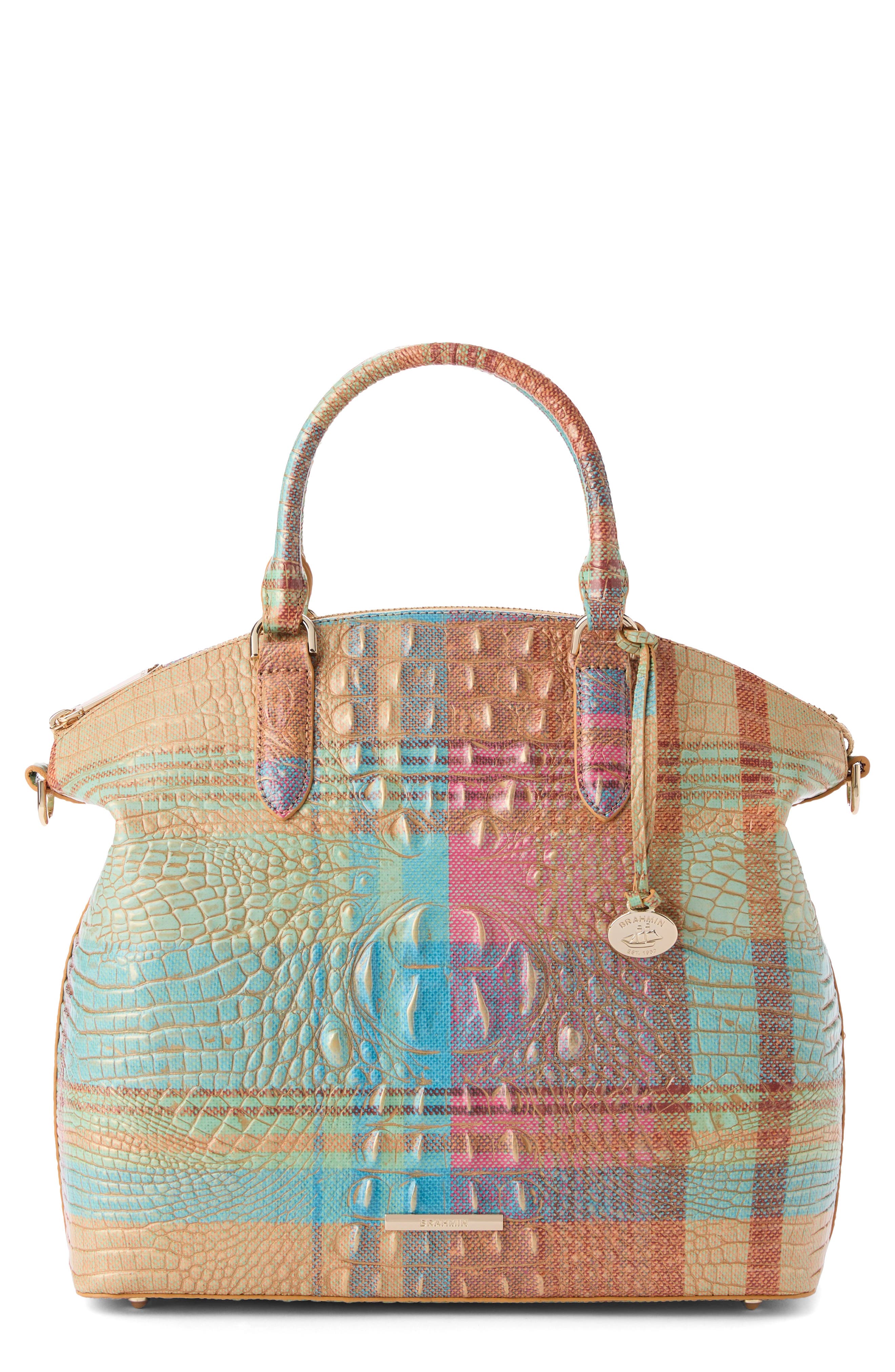 Brahmin Large Duxbury Plaid Croc Embossed Leather Satchel, Main, color, Picnic