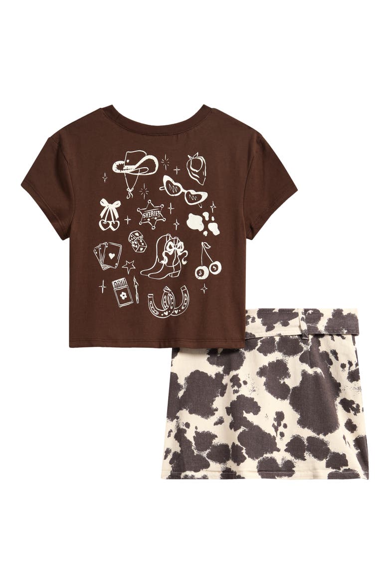 Kids' Graphic Tee & Cow Print Skort Set, Alternate, color, BROWN