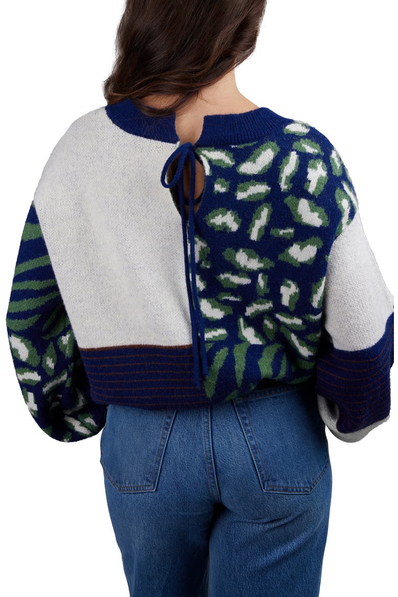 Leopard Patchwork Knit Cardigan Sweater, Alternate, color, NAVY