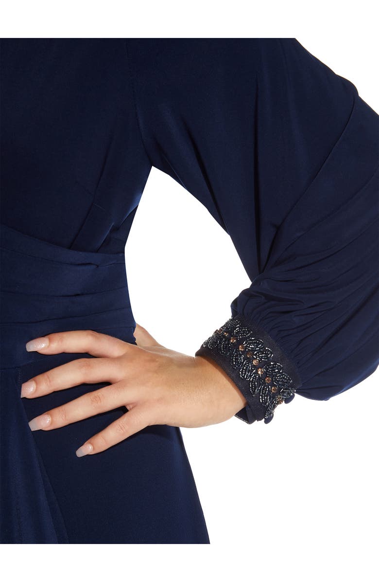 Adrianna Papell Draped Beaded Long Sleeve Jersey Gown, Alternate, color,