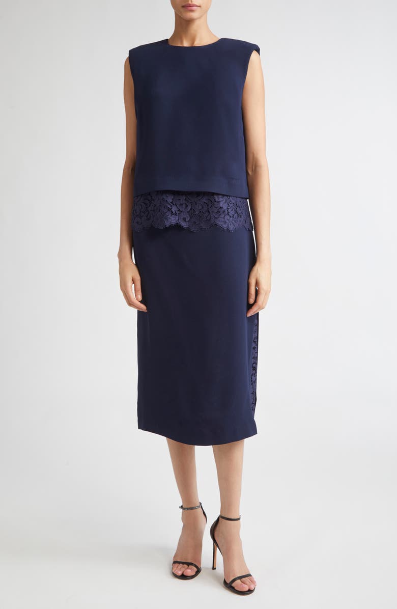 ST. JOHN Lace Inset Satin Back Crepe Skirt, Alternate, color, Midnight