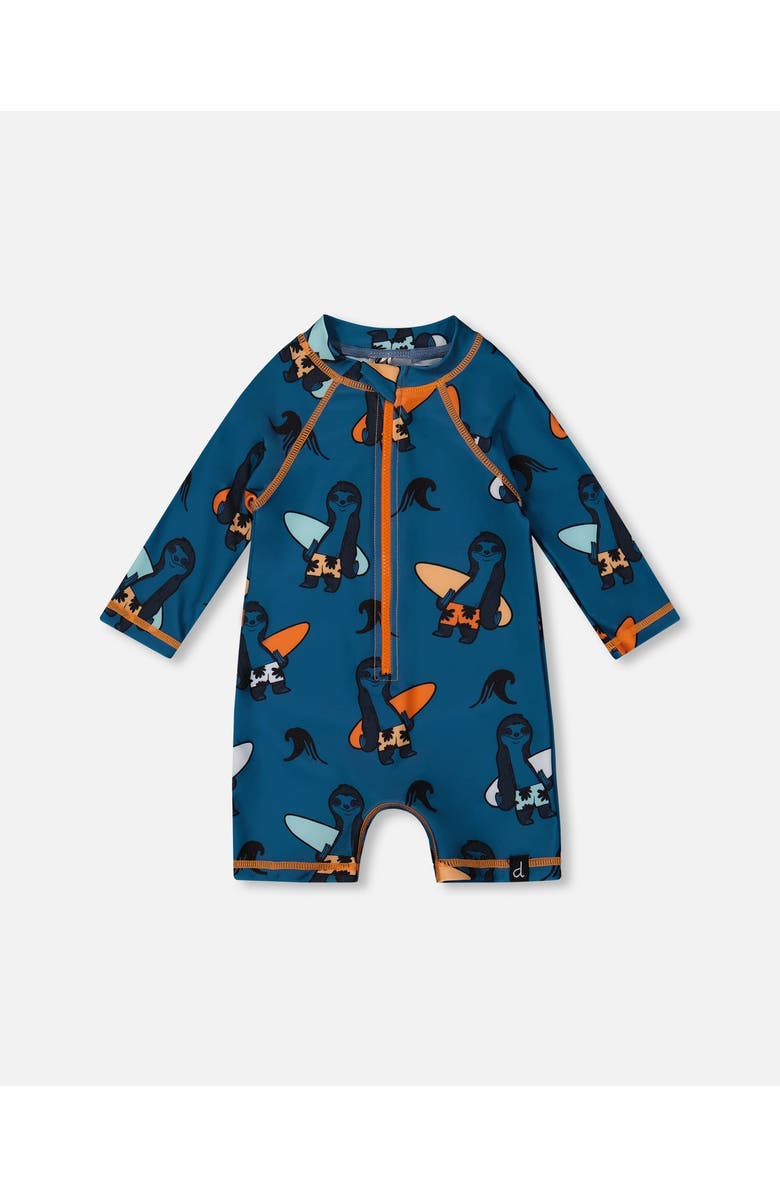 Deux par Deux Baby Boy's Printed Long Sleeve One-Piece Rashguard Orange Sloths On Navy Blue, Main, color, 
