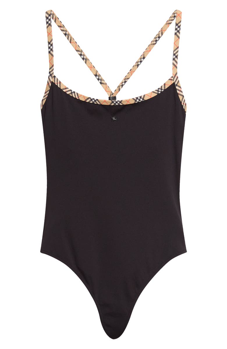 Burberry Satine Contrast Trim One-Piece Swimsuit, Main, color, Black