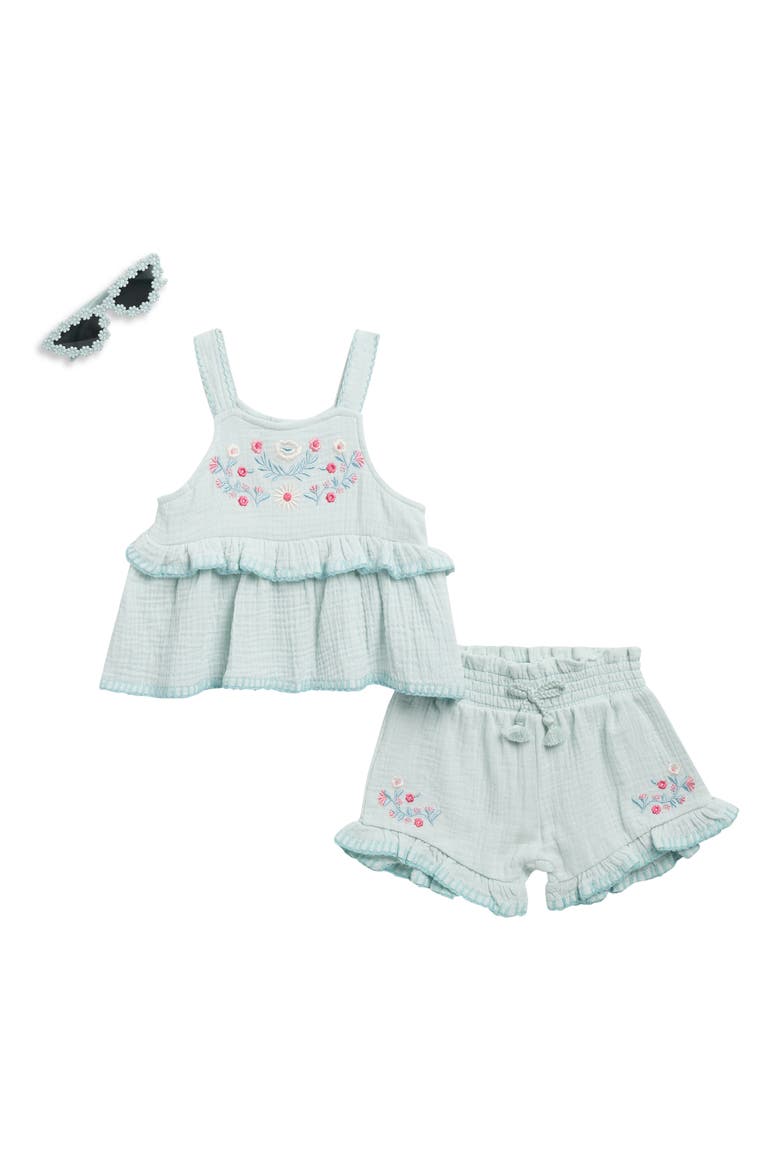 Cotton Gauze Babydoll Top, Shorts & Sunglasses Set, Main, color, LIGHT PASTEL BLUE