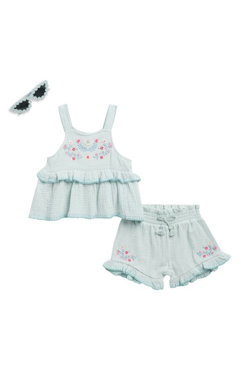 Cotton Gauze Babydoll Top, Shorts & Sunglasses Set (Baby)