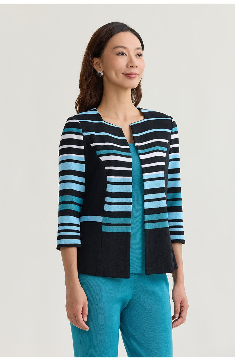 Ming Wang Heritage Striped Intarsia Knit Jacket, Alternate, color, Serene/Nebula/White/Black