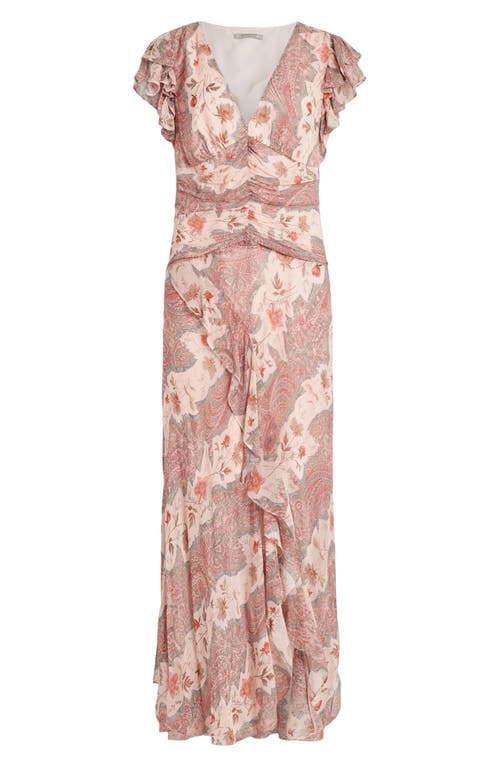 Allsaints Brea Floral Print Cascade Maxi Dress In Clay Pink