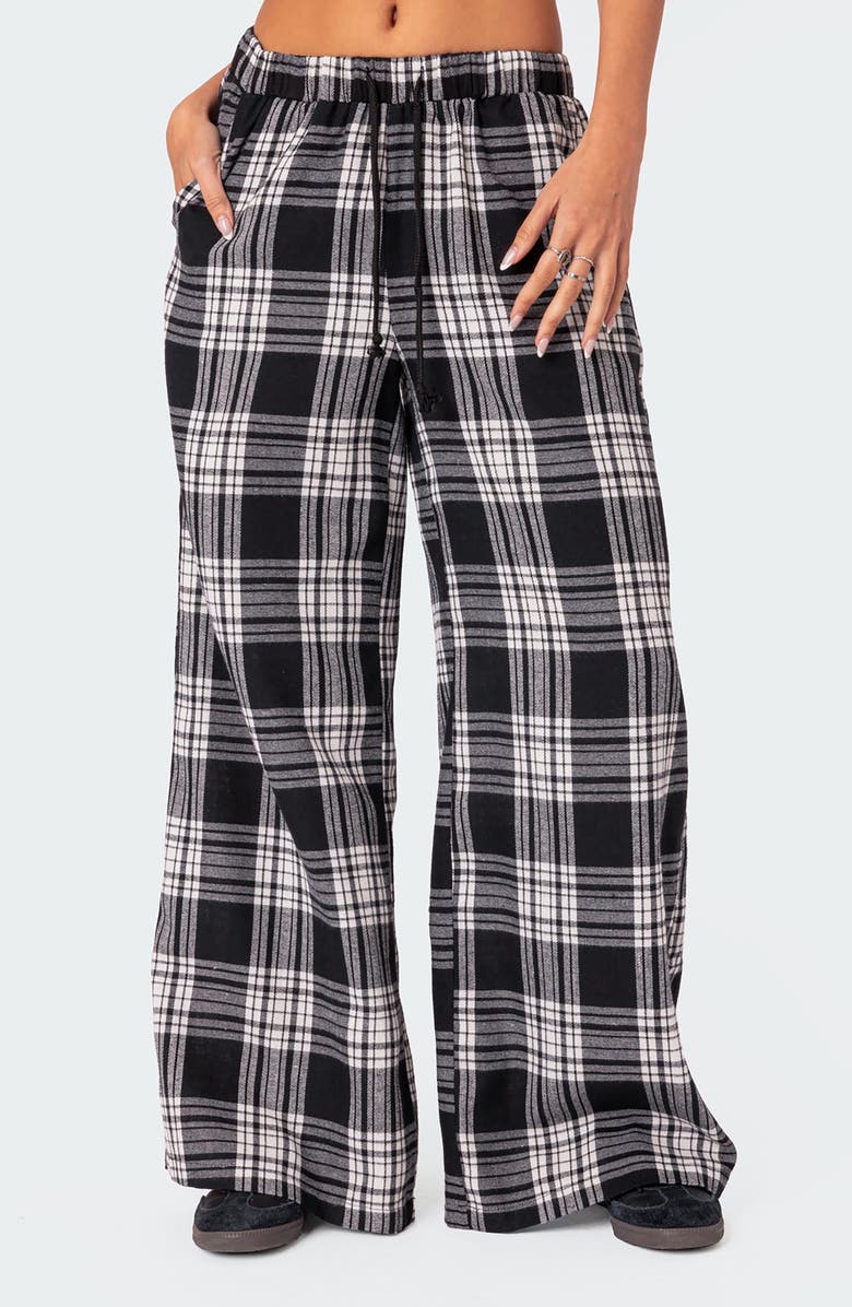 EDIKTED Lounge Around Plaid Wide Leg Pants, Main, color, Black-And-White
