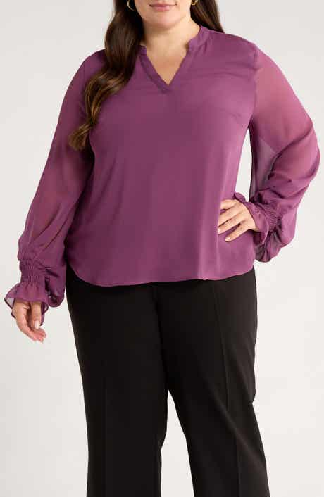 Vince Camuto Split Neck Sheer Long Sleeve Chiffon Top