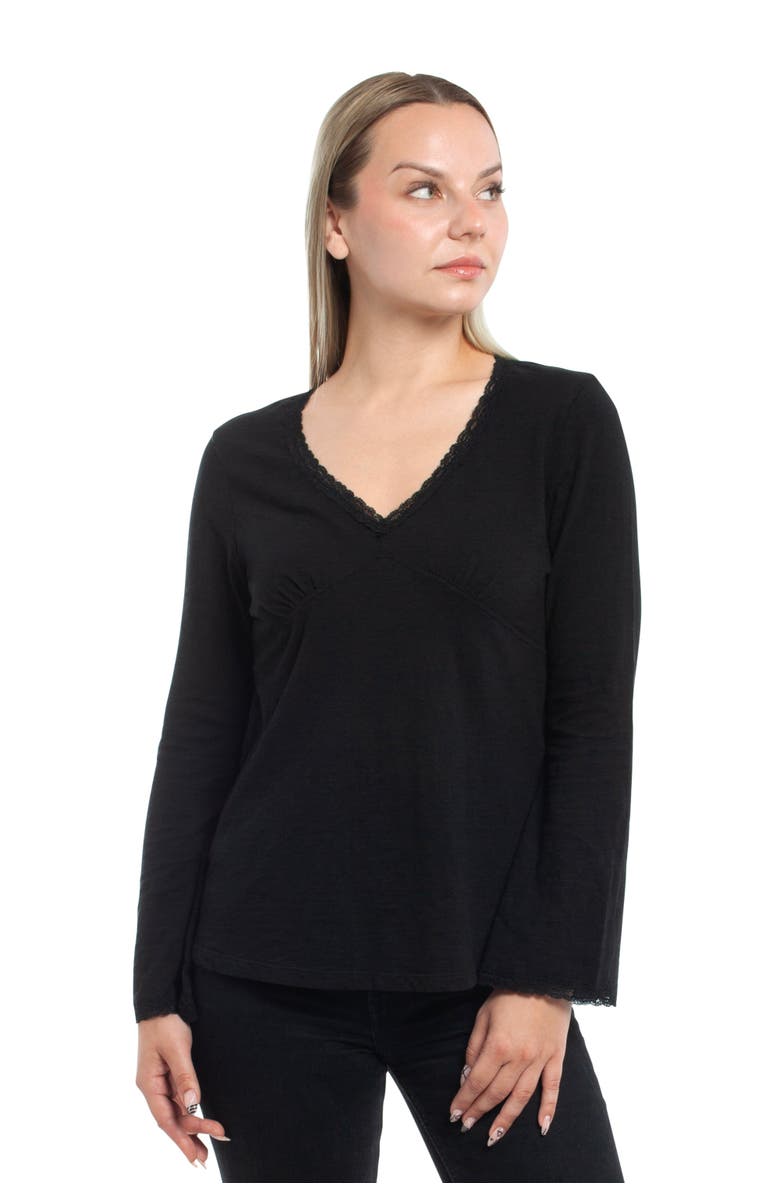 WILT Clothing V-Neck Long Sleeve Empire Seam Trapeze Tee with Lace Trims, Main, color, Black