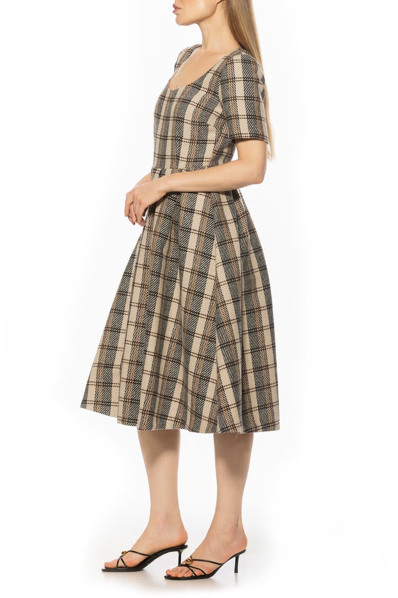Imani Short Sleeve Pleated Dress, Alternate, color, BROWN PLAID