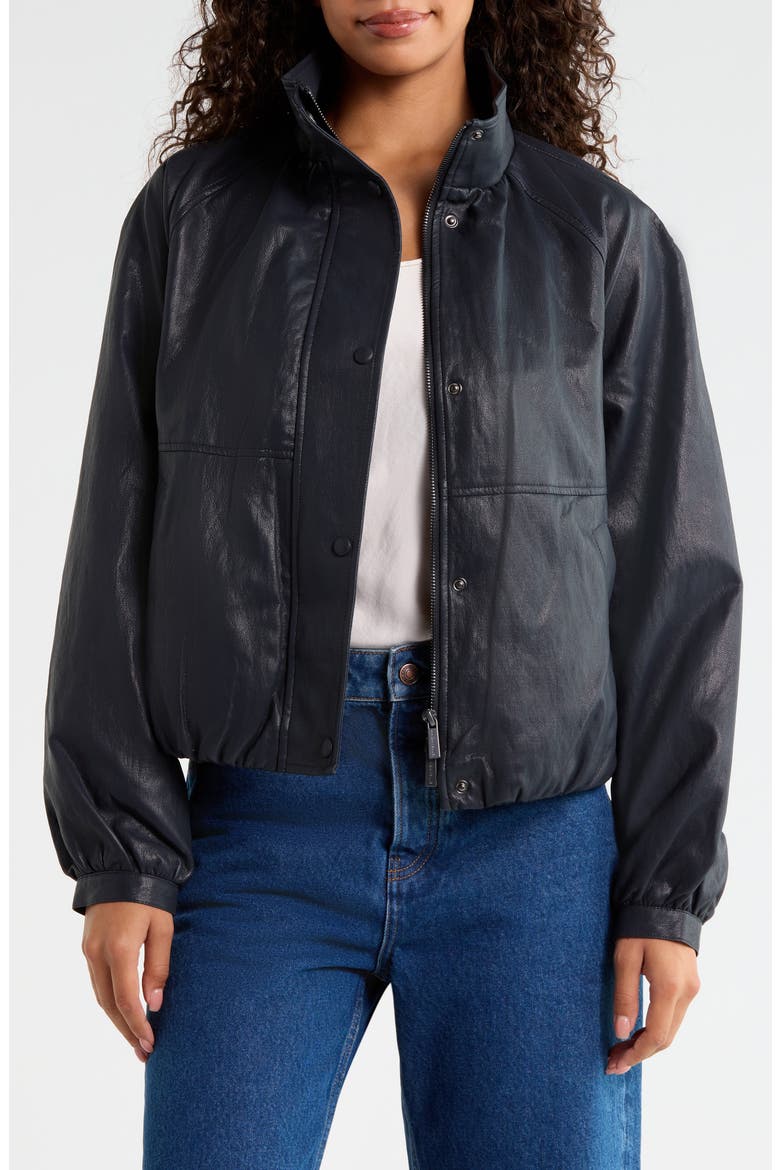 Funnel-Neck Faux Leather Balloon Bomber Jacket, Main, color, NAVY