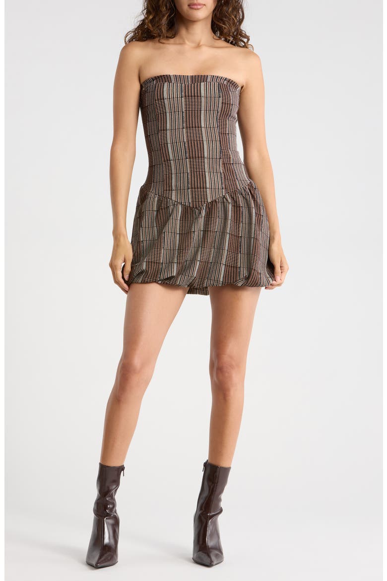 Plaid Strapless Drop Waist Minidress, Main, color, BROWN PLAID