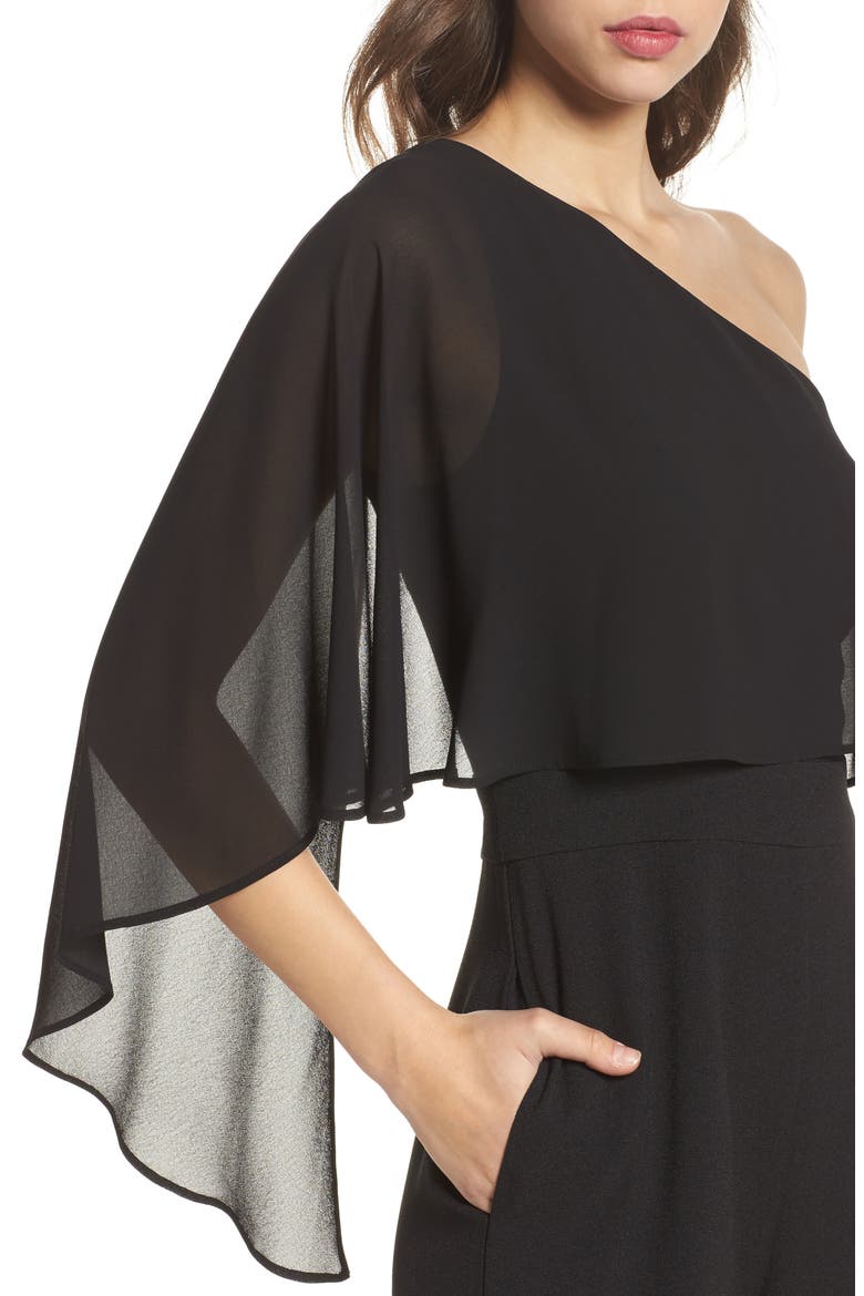 Cape Overlay One-Shoulder Jumpsuit, Alternate, color, BLACK