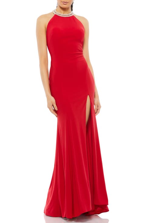 Embellished Halter Jersey Evening Gown