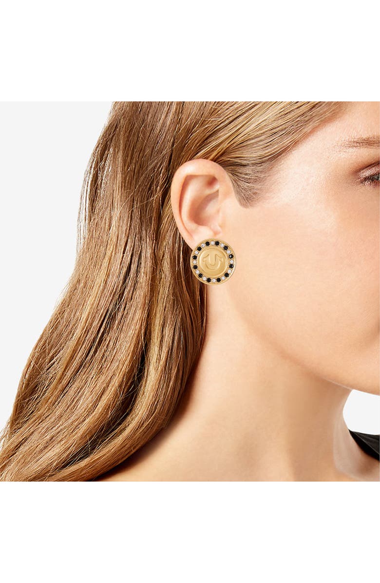 True Religion Pavé Crystal Horseshoe Button Stud Earrings, Alternate, color, Goldtone/ Jet