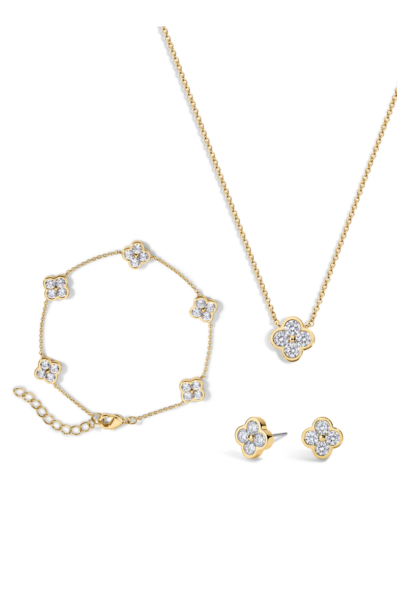 Electric Picks Camilla Clover Necklace, Bracelet and Studs - Set of 3, Main, color, Gold