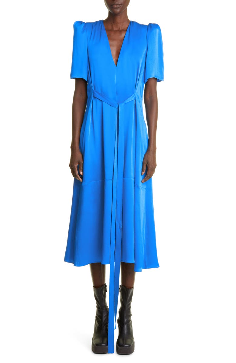 Stella McCartney Puff Sleeve Tie Waist Satin Midi Dress, Main, color,