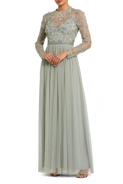 Embellished Illusion High Neck Long Sleeve Gown