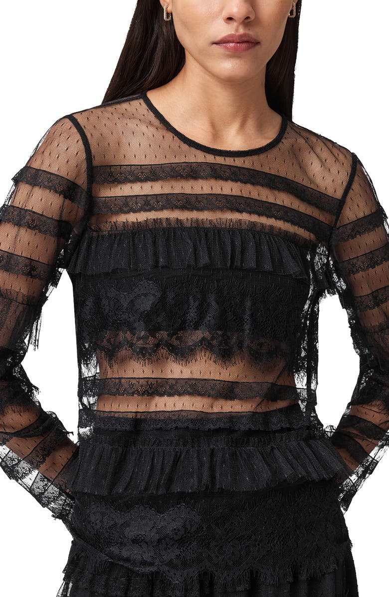 AllSaints Arlea Ruffle Tulle Top, Main, color, Black