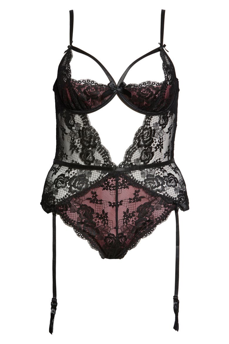 Cutout Lace Underwire Teddy with Suspender Straps, Alternate, color, BLACK/ ZINFANDEL