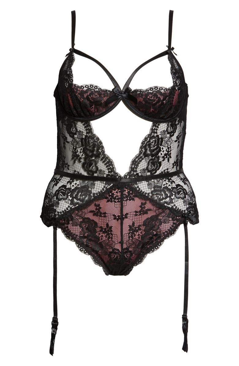 Oh La La Cheri Cutout Lace Underwire Teddy with Suspender Straps, Alternate, color,